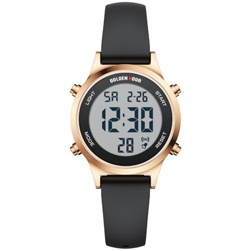 GOLDEN HOUR Waterproof Women's Digital Sports Watches with Silicone Strap, Alarm Calendar Stopwatch Chronograph 32mm Rose Gold Case - color: Black/Rose Gold