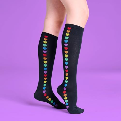 Nurse Mates Women's Wide Calf Socks | 12-14 mmHg Compression | Up to 22" Calf | One Size | 1 Pair - color: Rainbow Hearts, size: One Size