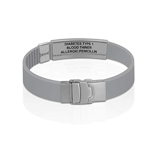 Divoti Custom Dual-Sided Engraved Silicone Medical Alert ID Wristband w/Security Clasp & Trim-to-Fit Band - Style - color: Concrete Gray / Brushed Stainless Silver / Black, size: Band Width - 13mm