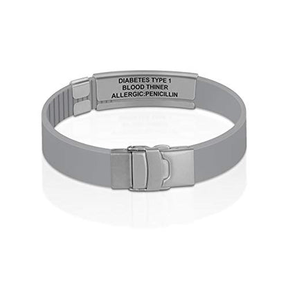Divoti Custom Dual-Sided Engraved Silicone Medical Alert ID Wristband w/Security Clasp & Trim-to-Fit Band - Style - color: Concrete Gray / Brushed Stainless Silver / Red, size: Band Width - 13mm