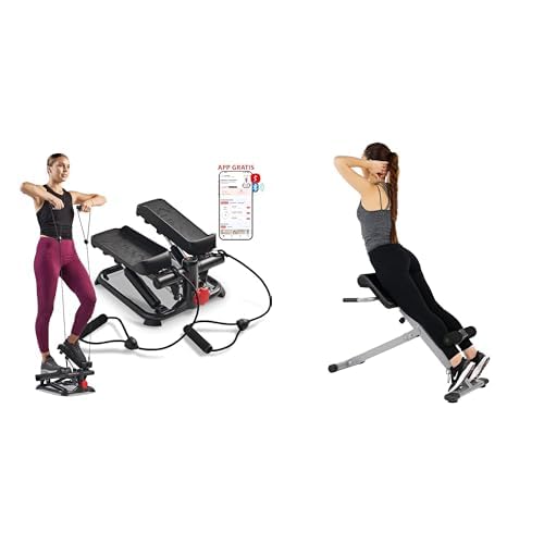 Sunny Health and Fitness Total Body Smart 2-in-1 Stepper Machine w/Resistance Bands + Sunny Health and Fitness 45 Degree Hyperextension Roman Chair, Steel, Grey, One Size