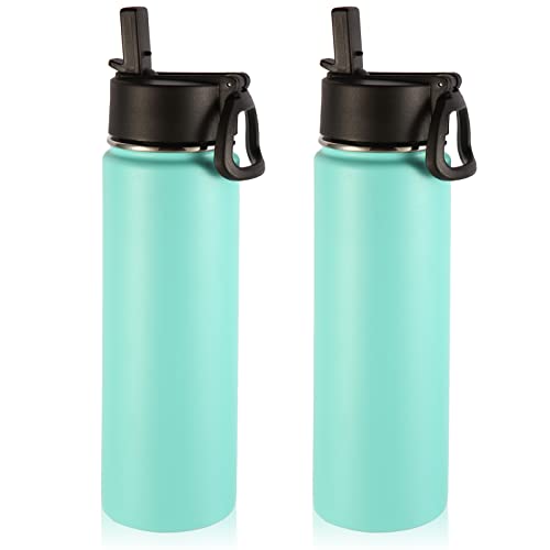Volhoply Insulated Water Bottles with Straw Bulk 2 Pack, 22 oz Stainless Steel Sports Bottle with Handle Lid, Reusable Double Walled Vacuum Metal Travel Cold Water Cups with Wide Mouth (Mint,2 Set) - color: Mint