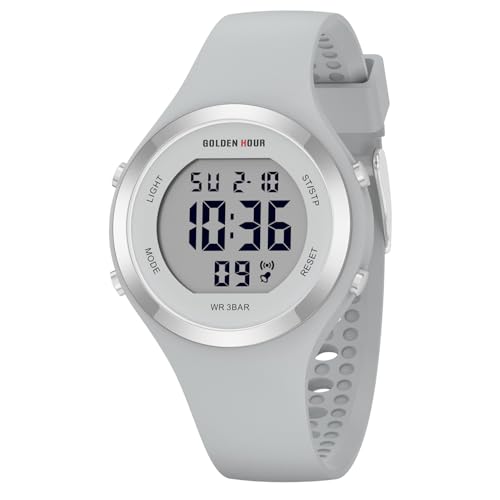 GOLDEN HOUR Waterproof Sport Women's Digital Chronograph Silicone Strap Watch - color: Grey