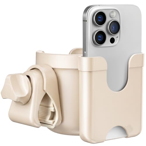 Cup Holder for Walker: Stroller Cup Holder Attachment with Phone Holder - color: Beige