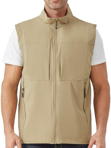 Men's Lightweight Outerwear Vest Softshell Sleeveless Jacket - color: Khaki, size: Large