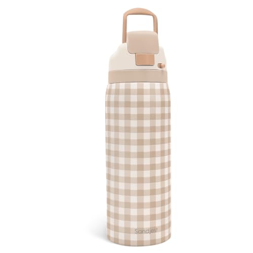 Gingham Insulated Stainless Steel Water Bottle with Straw for Sports and Travel 32 Ounces for Women Girls Friends Teens Birthday (Brown) - color: Gingham, size: 32 Ounces