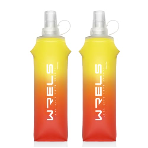 WRELS TPU Soft Flask Lightweight Portable Reusable Water Bottle,BPA Free Collapsible Flask for Hydration Pack in Running Hiking Cycling and Marathon - color: Yellow&Orange-500ml*2