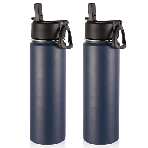 Volhoply Insulated Water Bottles with Straw Bulk 2 Pack, 22 oz Reusable Stainless Steel Sports Bottle with Handle Lid, Double Walled Vacuum Metal Travel Cold Water Cups with Wide Mouth (Navy,2 Set) - color: Navy