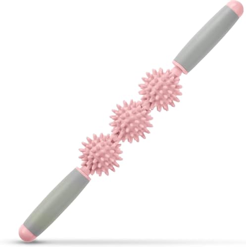 Fascia Muscle Roller, Cellulite Massager Fascia Roller for Cellulite and Sore Muscles, Neck, Leg, Back, Pressure Trigger Point Body Roller Deep Tissue Massage Stick Tools - 3 Massage Balls - color: Coral Pink