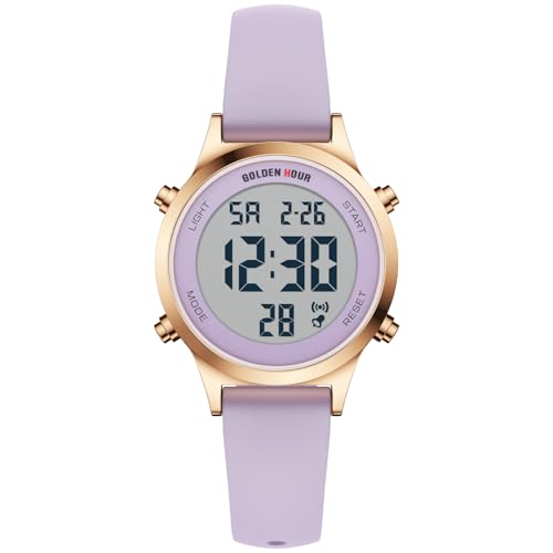 GOLDEN HOUR Waterproof Women's Digital Sports Watches with Silicone Strap, Alarm Calendar Stopwatch Chronograph 32mm Rose Gold Case - color: Light Purple/Rose Gold