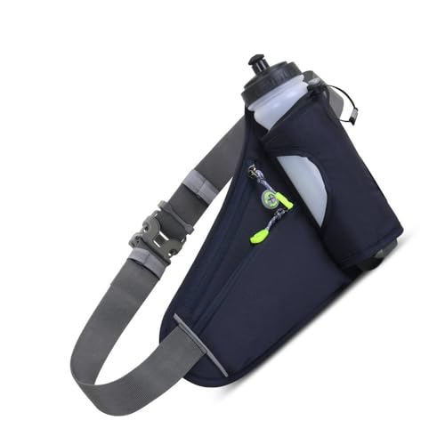 Water Bottle Waist Pack 2 Zippered Pockets – Reflective Running Belt for Hiking Cycling, Adjustable Breathable Mesh with Earphone Port(Dark Blue) - color: Dark Blue