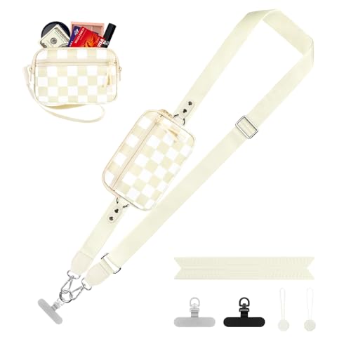 YFWE Clip and Go Strap for Phone with Wallet Crossbody, Adjustable Phone Lanyard with Detachable RFID Wristlet Wallet, Phone Strap with Phone Tabs for All Phones, Cream Checkered (M) - color: Cream Checkered, size: Medium