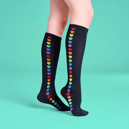 Nurse Mates Women's Wide Calf Socks | 12-14 mmHg Compression | Up to 22" Calf | One Size | 1 Pair - color: Rainbow Hearts, size: One Size
