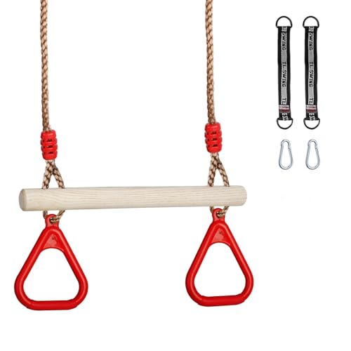 Trapeze Swing Bar with Rings, Wooden Trapeze Swing Bar for Indoor/Outdoor - color: Red