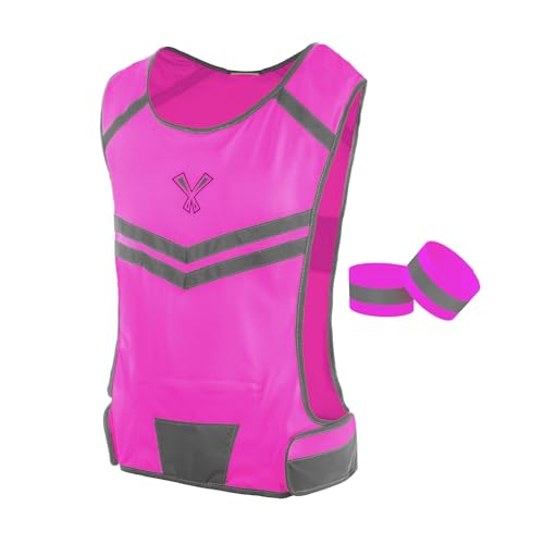 Reflective Running Vest with Pocket & 2 Bands, High-Visibility - color: Pink, size: Medium