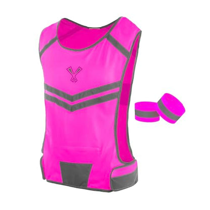 Reflective Running Vest with Pocket & 2 Bands, High-Visibility - color: Pink, size: Medium