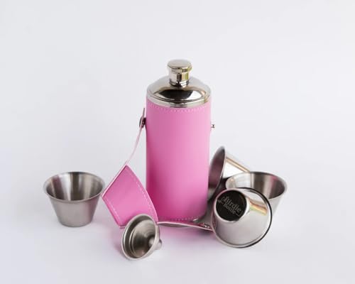 8oz Pink Flask with 4 Shot Glasses in Cap – Stainless Steel with Waterproof Leather Case, Leakproof, Travel-Ready - color: Pink, size: 8oz Standard