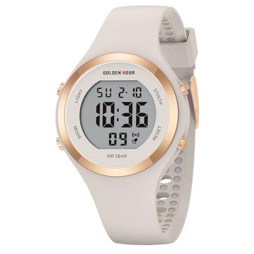 GOLDEN HOUR Waterproof Sport Women's Digital Chronograph Silicone Strap Watch - color: Rose Gold/Starlight/Milk White