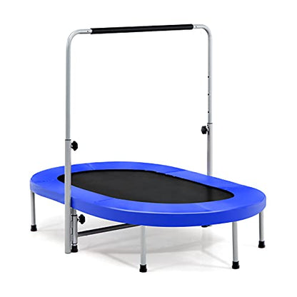 Giantex Mini Trampoline, 2 Persons Foldable Fitness Trampoline w/ 5 Levels Height Adjustable Handle, Max Load 330LBS, Indoor Oval Rebounder Exercise Trampoline for Adult, Kid, Enjoy Parent-child Time - color: Blue