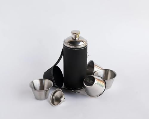 8oz Black Flask with 4 Shot Glasses in Cap – Stainless Steel with Waterproof Leather Case, Leakproof, Travel-Ready - color: Black, size: 8oz Standard