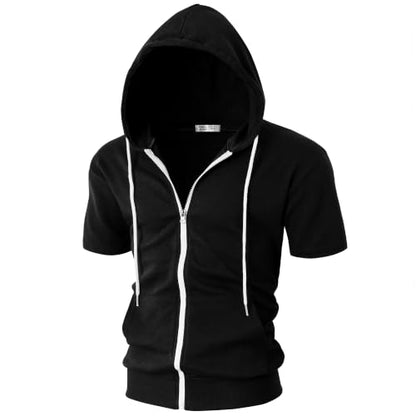 Ohoo Mens Slim Fit Zip up Hoodie Cotton Blend Soft Fabric Short Sleeve Lightweight Comfy Basic Jacket with Kanga Pocket - color: Dcf007-black, size: XX-Large