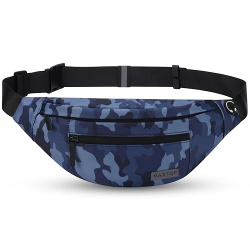 MAXTOP Large Fanny Pack Cross Body Bag Camo Belt Bag with Headphone Jack - color: Camo Gray Blue