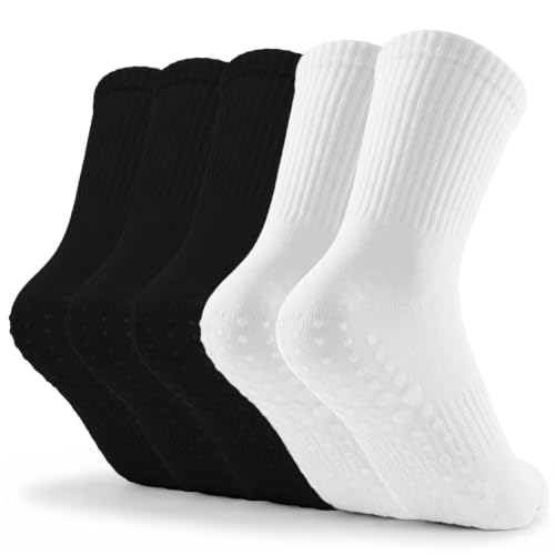 Women Pilates Grip Crew Socks-Cotton Non Slip Yoga Calf Socks for Women - color: 3black2white