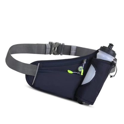 Water Bottle Waist Pack 2 Zippered Pockets – Reflective Running Belt for Hiking Cycling, Adjustable Breathable Mesh with Earphone Port(Dark Blue) - color: Dark Blue