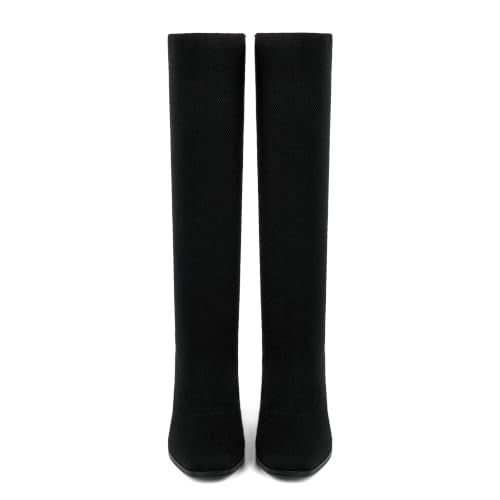 Modatope Stretchy Knee High Boots for Women Square Toe Chunky Long Boots - color: Black Knit, size: 8