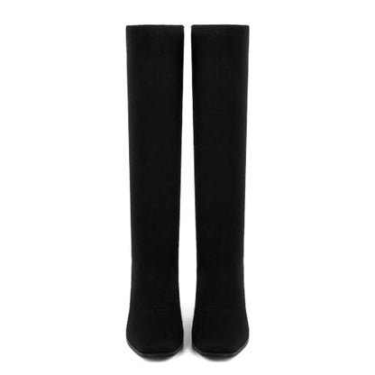 Modatope Stretchy Knee High Boots for Women Square Toe Chunky Long Boots - color: Black Knit, size: 8