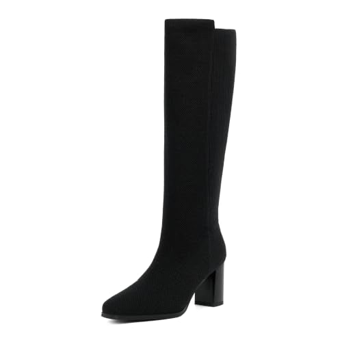 Modatope Stretchy Knee High Boots for Women Square Toe Chunky Long Boots - color: Black Knit, size: 9.5