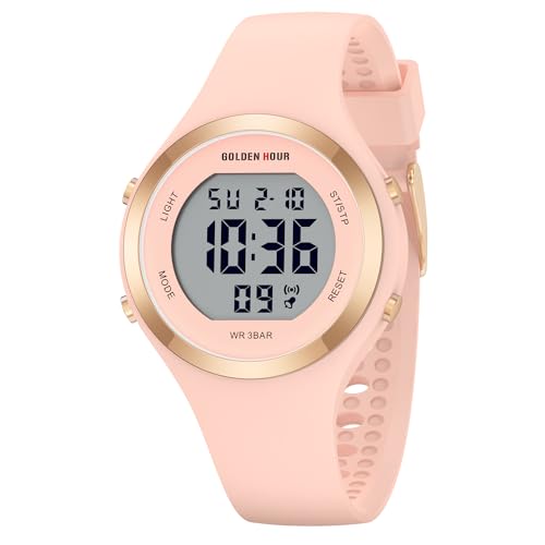 GOLDEN HOUR Waterproof Sport Women's Digital Chronograph Silicone Strap Watch - color: Champagne