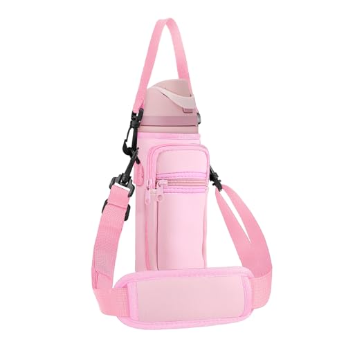 Neoprene Water Bottle Holder Bag with Cell Phone Pocket Compatible with Owala FreeSip 24 oz，Water Bottle Carrying Bag ，with Adjustable Shoulder Strap,for 24oz Stainless Steel Water Bottle - color: Pink