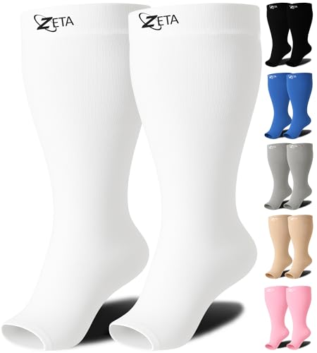 Zeta Wear Plus Size Compression Socks for Women and Men, Wide Calf Knee-High 15-19 mmHg Graduated Support, Easy-On Cuff, Fits Calves to 26 inch / 66 cm - color: 1 Pair - White, size: 2XL