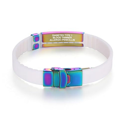 Divoti Custom Dual-Sided Engraved Silicone Medical Alert ID Wristband w/Security Clasp & Trim-to-Fit Band - Style - color: Carmella Blue / PVD Rainbow / White, size: Band Width - 13mm
