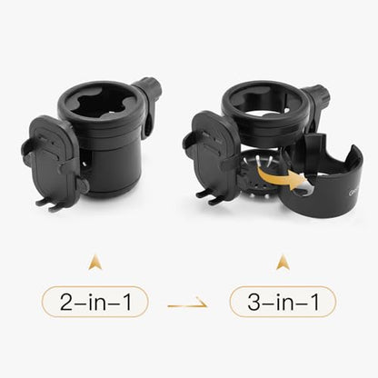Gromast Universal Stroller Cup Holder with Phone Holder, 3-in-1 Detachable Drink Holder 360° Rotatable, Adjustable Cup Holder for Baby Stroller, Tricycle - Black - color: Black-4-in-1