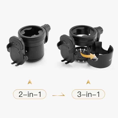 Gromast Universal Stroller Cup Holder with Phone Holder, 3-in-1 Detachable Drink Holder 360° Rotatable, Adjustable Cup Holder for Baby Stroller, Tricycle - Black - color: Black-4-in-1