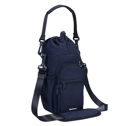 sportsnew 40oz Insulated Crossbody Water Bottle Bag Gym Hiking Phone Pocket - color: Navy Blue