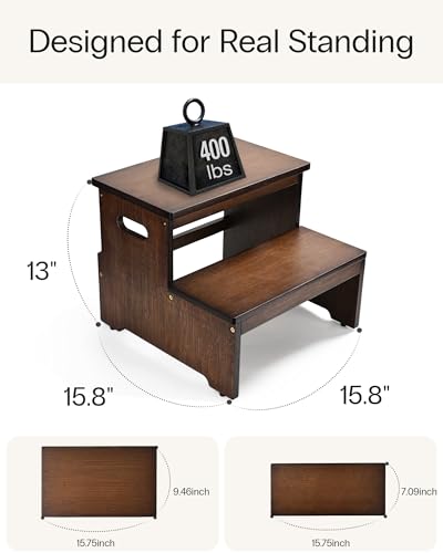 StrongTek Bamboo 2 Step Stool for Adults, 400 lbs Heavy-Duty, Wide Steps - color: Dark Brown