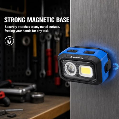 Rechargeable LED Headlamp w/Reflective Headband, 500LM USB-C Waterproof, Motion & Dimming, 4 Modes & Memory, Li-ion/AAA Dual Power, Magnetic 60° Mount for Camp Hike Work - color: Black-Blue