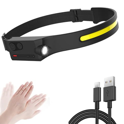 LED Headlamp Rechargeable with Motion Sensor USB Head Lamp Band Head light - size: 1 Pack Black