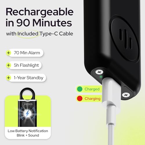 Rechargeable Personal Safety Alarm Keychain, 130dB, USB-C Charging, Black - color: Black