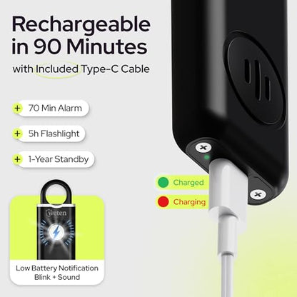 Rechargeable Personal Safety Alarm Keychain, 130dB, USB-C Charging, Black - color: Black