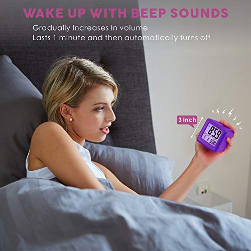 Plumeet Digital Alarm Clock for Kids with Snooze and Nightlight - Easy Setting Silicone Display Time, Date - Loud for Bedroom - Battery Powered (Purple) - color: Purple