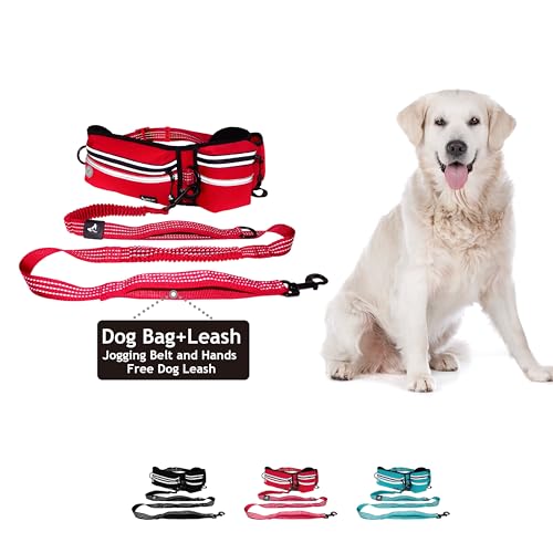 Kruz Hands Free Dog Leash (Waist 26”- 48”, Leash- 1”x 5ft) Premium Waist Belt for Walking, Running, & Hiking, Bungee with Dual Handles, Adjustable Fit, Reflective Safety Design for Large Dogs (Red) - color: Red