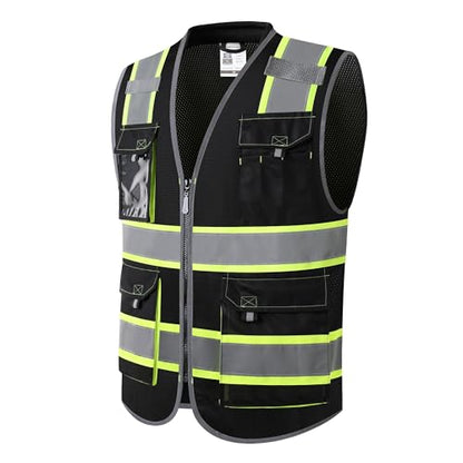 JKSafety Safety Vest for Men Women Hi Vis with Pockets and Cushioned Collar Construction Vest Meet ANSI Standard (BX360) - color: Black, size: Large