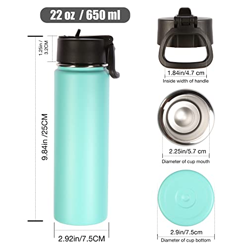 Volhoply Insulated Water Bottles with Straw Bulk 2 Pack, 22 oz Stainless Steel Sports Bottle with Handle Lid, Reusable Double Walled Vacuum Metal Travel Cold Water Cups with Wide Mouth (Mint,2 Set) - color: Mint