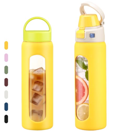 MUKOKO 24oz Glass Water Bottle with Straw, 2 Lids-Staw Lid and Screw Handle Lid, Reusable Drinking Bottle with Time Marker for Sports and Home, Yellow - color: Yellow, size: 24 Ounces
