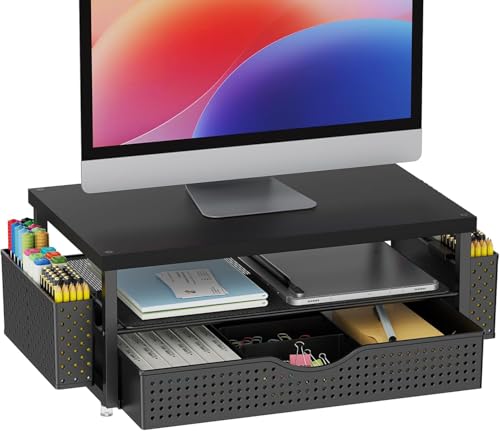 gianotter Desk Organizers and Accessories, Monitor Stand with Drawer and 2 Pen Holder, Desktop Organizer Suitable for Offices and Dormitories (Matte Black) - color: Matte Black