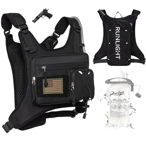 Runlight Running Vest,Lightweight Adjustable Chest Pack with Pistol Holster, Pack with 1.5L Water Bladder, Reflective Running Hydration Vest - color: Black